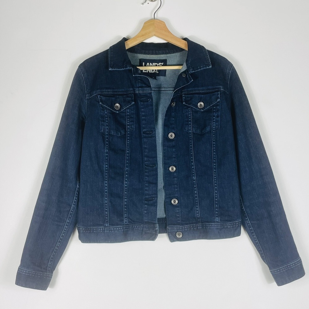 Lands' End Women Small 6 8 Blue Dark Denim Jacket Trucker Effortless Coastal